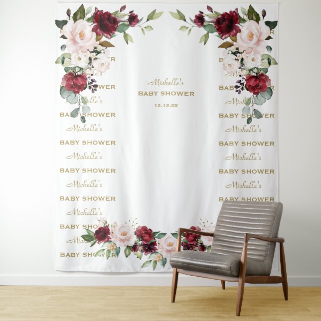 Burgundy Floral Step & Repeat Baby Shower Backdrop Tapestry (In Situ)