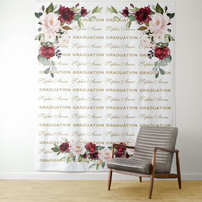 Burgundy Floral Step & Repeat Graduation Backdrop Tapestry (In Situ)