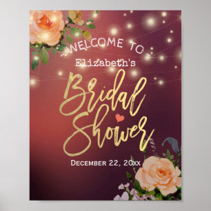 Burgundy Floral String Light Bridal Shower Welcome Poster