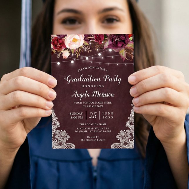 Burgundy Floral String Light Lace Graduation Party Invitation (Creator Uploaded)