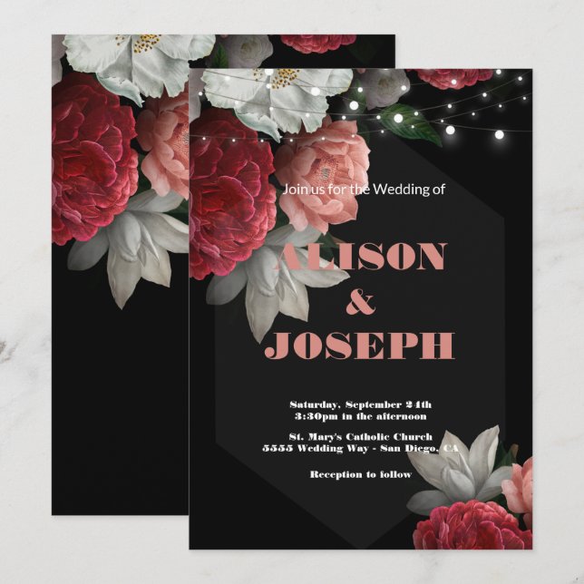 Burgundy floral string light Wedding Invitation (Front/Back)
