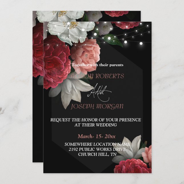  Burgundy floral string light   Wedding Invitation (Front/Back)