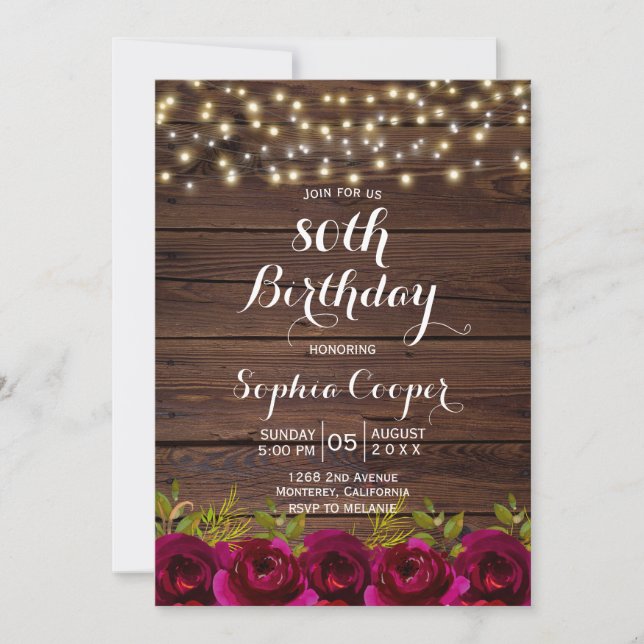Burgundy Floral String Lights 80th Birthday Party Invitation (Front)