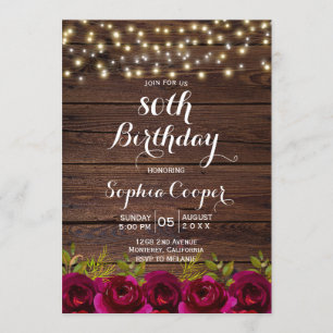 Burgundy Floral String Lights 80th Birthday Party Invitation