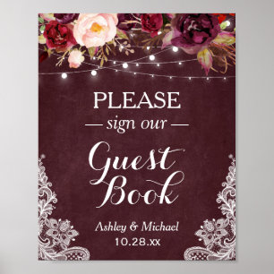 Burgundy Floral String Lights Lace Sign Guestbook