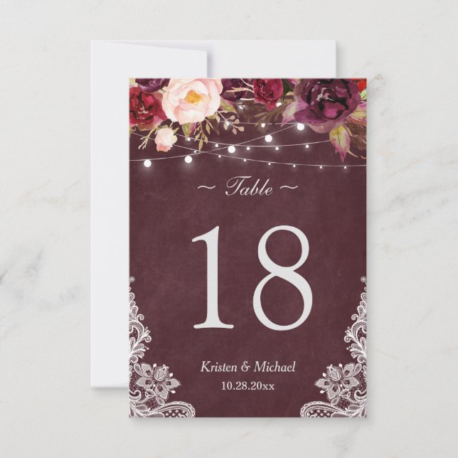 Burgundy Floral String Lights Lace Table Number (Front)