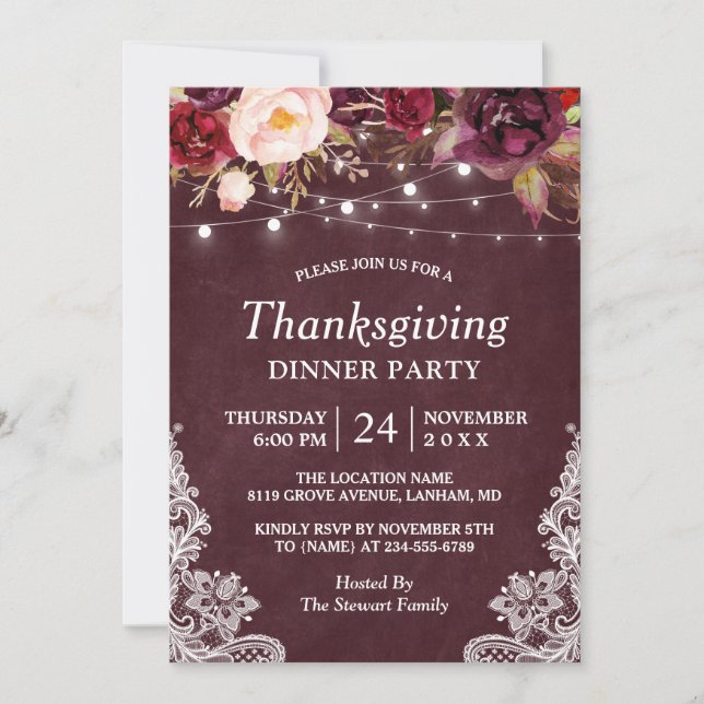 Burgundy Floral String Lights Thanksgiving Dinner Invitation (Front)