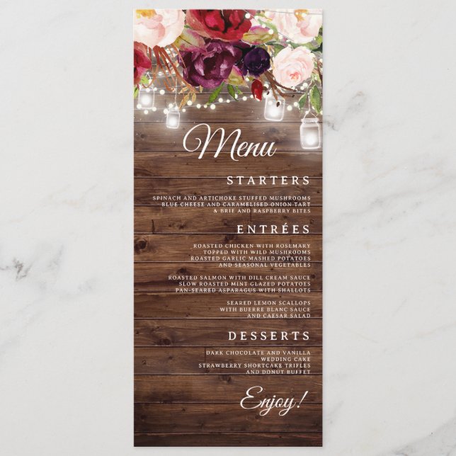 Burgundy Floral String Lights Wedding Dinner Menu (Front)