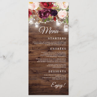 Burgundy Floral String Lights Wedding Dinner Menu