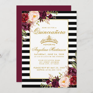 Burgundy Floral Stripes Quinceanera Gold Crown Invitation
