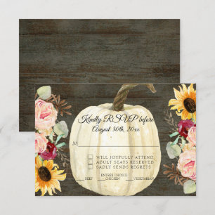 Burgundy Floral Sunflower n Pumpkin Dark Wood RSVP Invitation