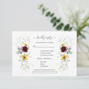 Burgundy Floral Sunflowers Airy Leaves Wedding RSVP Card