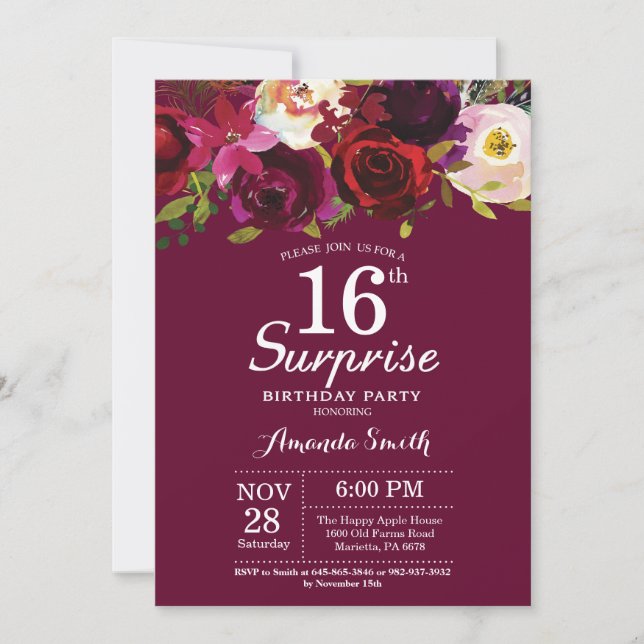 Burgundy Floral Surprise 16th Birthday Party Invitation (Front)