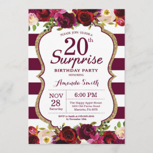 Burgundy Floral Surprise 20th Birthday Party Invitation