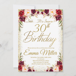 Burgundy Floral Surprise 30th Birthday Invitation