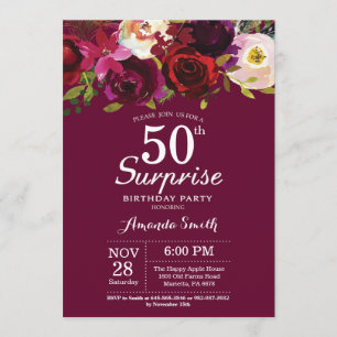 Burgundy Floral Surprise 50th Birthday Party Invitation