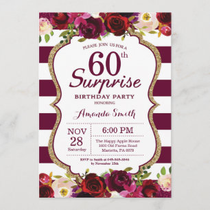 Burgundy Floral Surprise 60th Birthday Party Invitation
