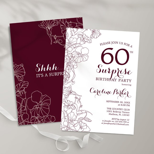 Burgundy Floral Surprise 60th Birthday Party Invitation (Creator Uploaded)