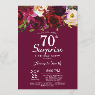 Burgundy Floral Surprise 70th Birthday Party Invitation