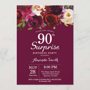 Burgundy Floral Surprise 90th Birthday Party Invitation