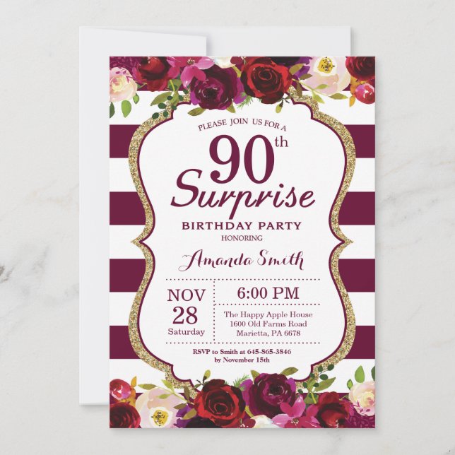 Burgundy Floral Surprise 90th Birthday Party Invitation (Front)