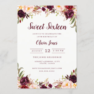 Burgundy Floral Sweet Sixteen Invitation