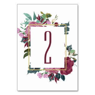 Burgundy floral table number. Maroon wedding Number