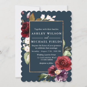 Burgundy Floral Teal Green Modern Wedding Invitation