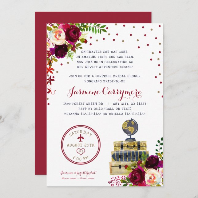 Burgundy Floral Travel bridal shower invitation (Front/Back)
