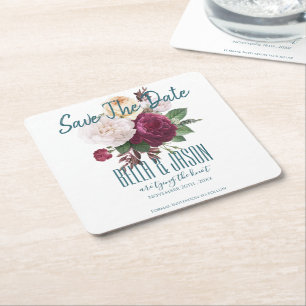 Burgundy Floral Tying The Knot Save The Date Square Paper Coaster