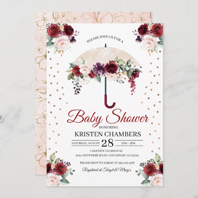 Burgundy Floral Umbrella Baby Shower Invitation (Front/Back)