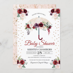 Burgundy Floral Umbrella Baby Shower Invitation