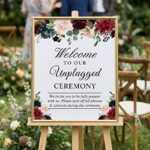 Burgundy Floral Unplugged Wedding Ceremony Sign