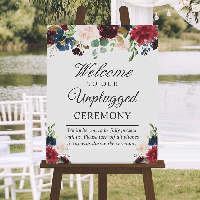 Burgundy Floral Unplugged Wedding Ceremony Sign (Creator Uploaded)