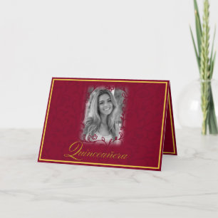 Burgundy floral vines with photo quinceanera card