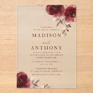 Burgundy Floral Vintage Rose Wedding Acrylic Invitations