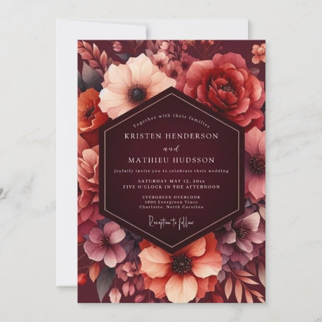 Burgundy Floral Vintage Wedding Invitation (Front)