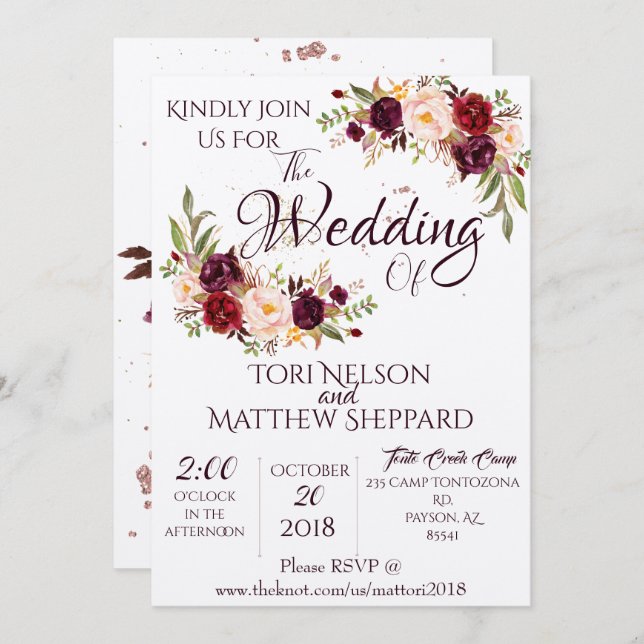 Burgundy Floral Water Paint -Simple Lines-splashes Invitation (Front/Back)