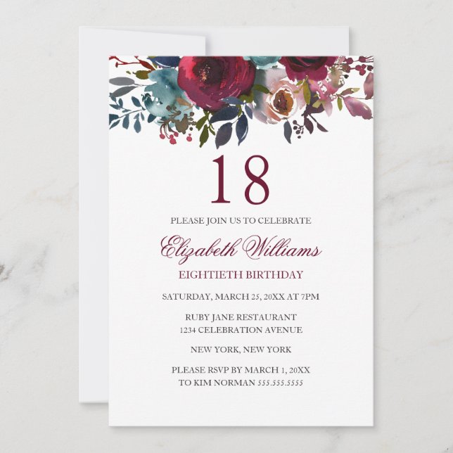 Burgundy Floral Watercolor 18th Birthday Invite (Front)