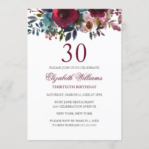 Burgundy Floral Watercolor 30th Birthday Invite