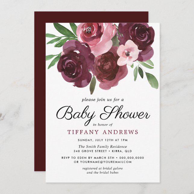 Burgundy Floral Watercolor Baby Shower Invite (Front/Back)