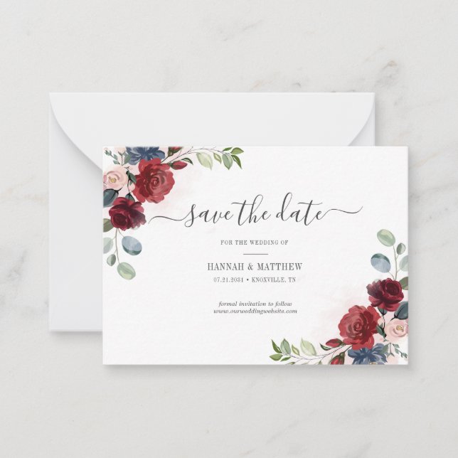 Burgundy Floral Watercolor Blush Save The Date Card (Front)