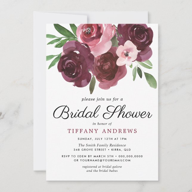 Burgundy Floral Watercolor Bridal Shower Invite (Front)