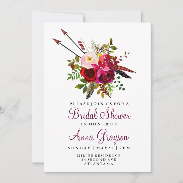 Burgundy Floral Watercolor Bridalshower Invitation (Front)