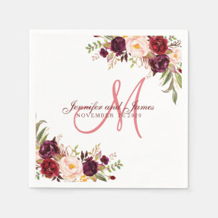 Burgundy Floral Watercolor Coral Monogram Wedding Napkin