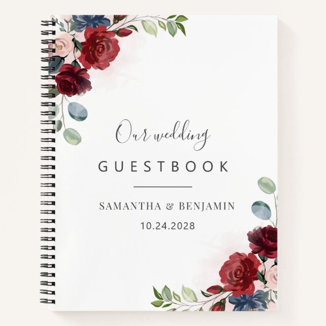 Burgundy Floral Watercolor Fall Wedding Guest Book (Front)