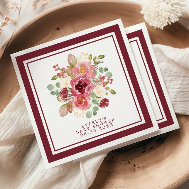 Burgundy Floral Watercolor Flowers Baby Shower Napkin (Creator Uploaded)