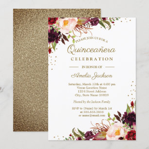 Burgundy Floral Watercolor Gold Quinceanera Invite