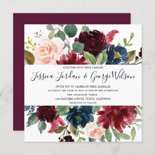 Burgundy Floral Watercolor Modern Wedding Invite