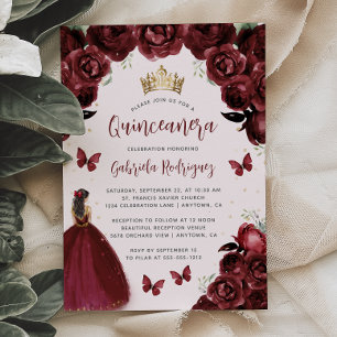 Burgundy Floral Watercolor Princess Quinceañera Invitation